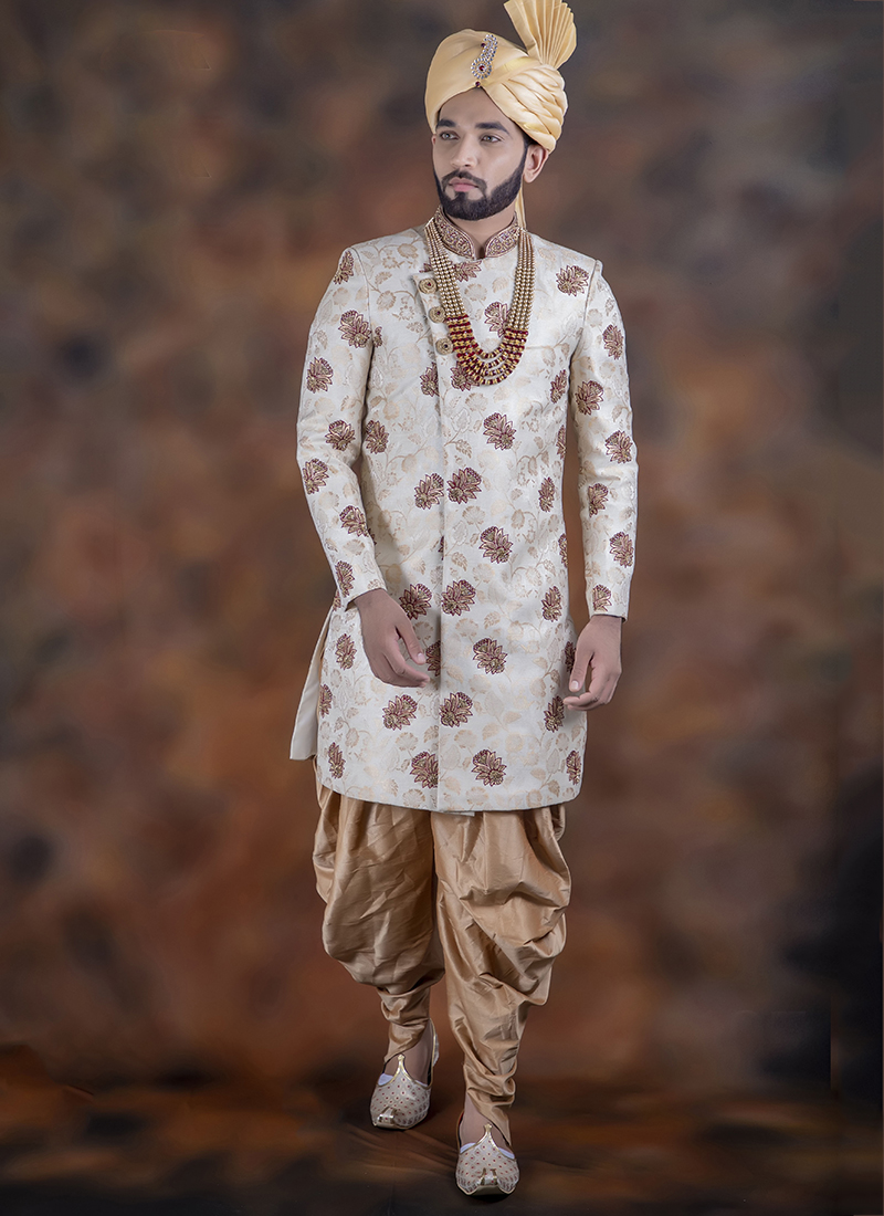 Buy Wedding Wear White Weaving Work Jacquard Indo Western Sherwani