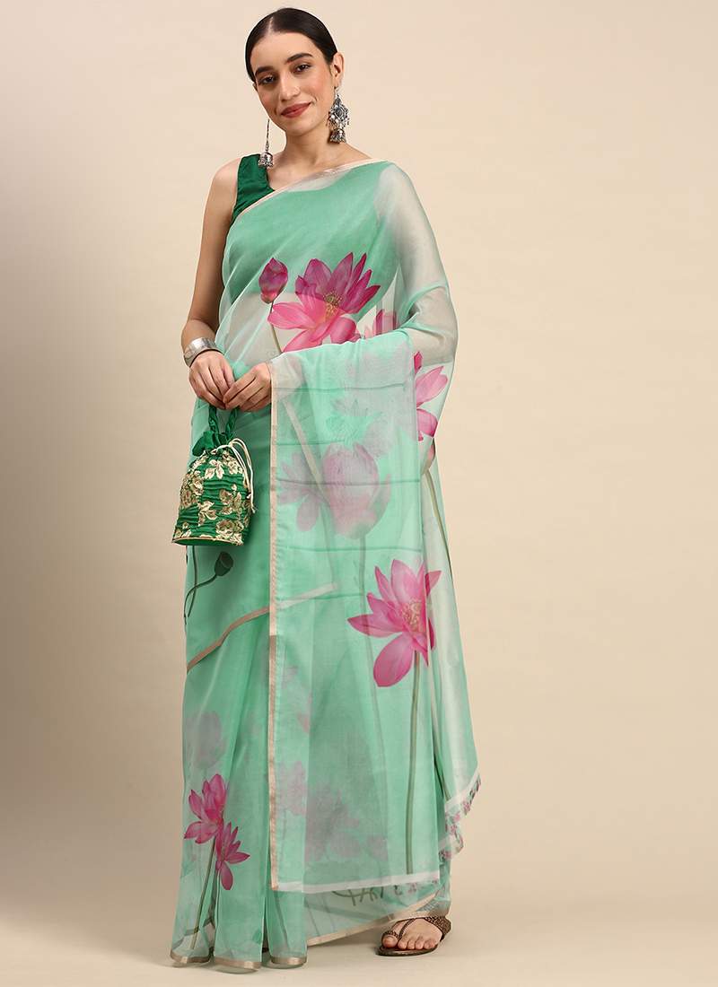 Buy Traditional Wear Pista Green Digital Printed Work Organza Saree