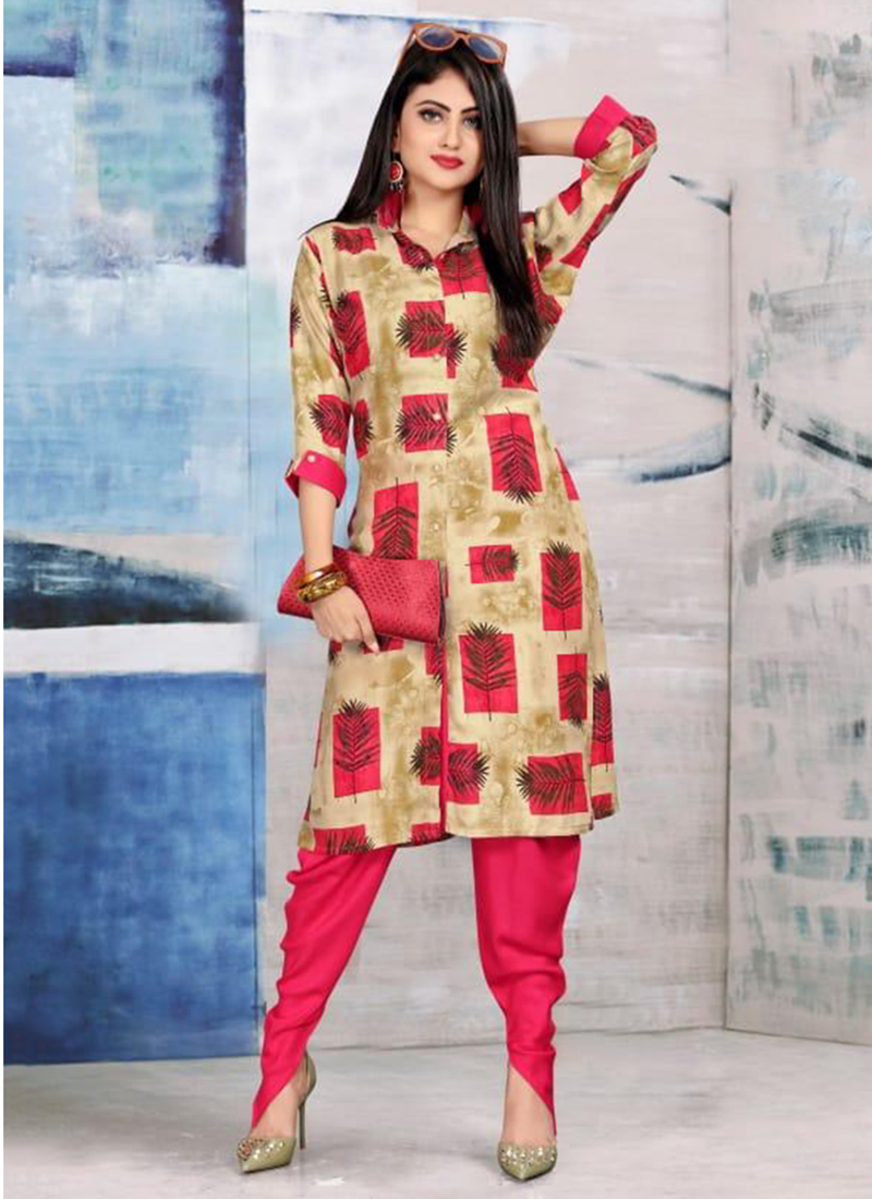 Daily Wear Fancy Printed Rayon Kurtis With Dhoti Collection Catalog