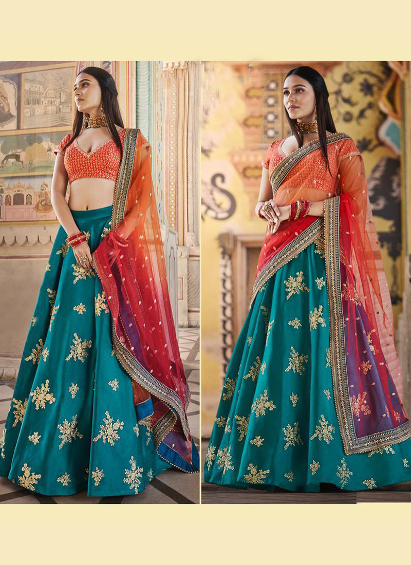 Buy Bridal Wear Blue Zari Embroidery Work Satin Silk Lehenga Choli