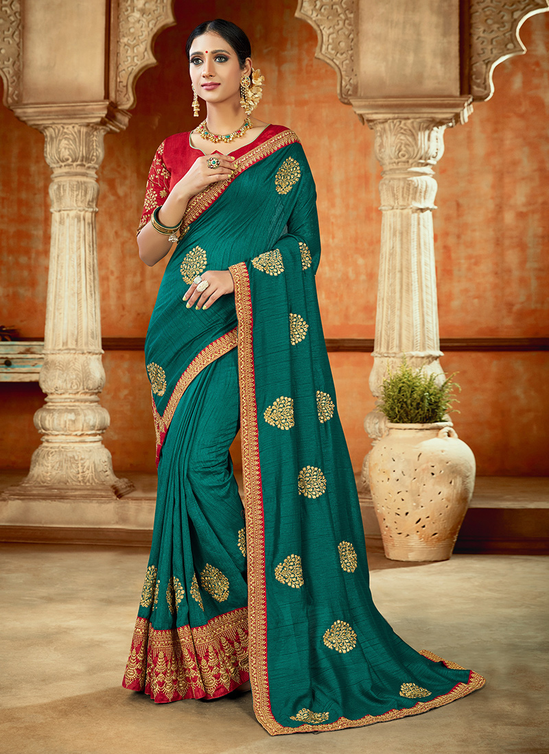 Rama Silk Saree with Embroidered - SR23690