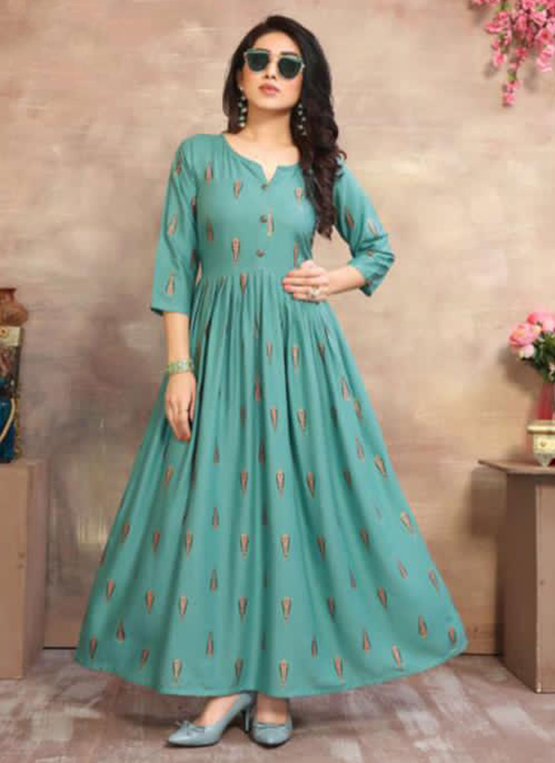 Santas Grey Fabric Embroidered Party Wear Gown  Latest Kurti Designs
