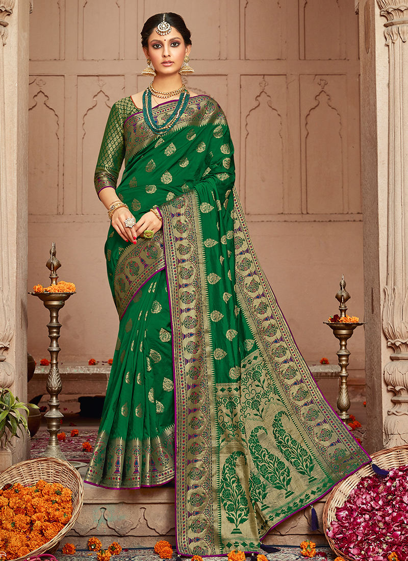 Buy Green Silk Wedding Wear Weaving Saree Online From Surat Wholesale Shop 