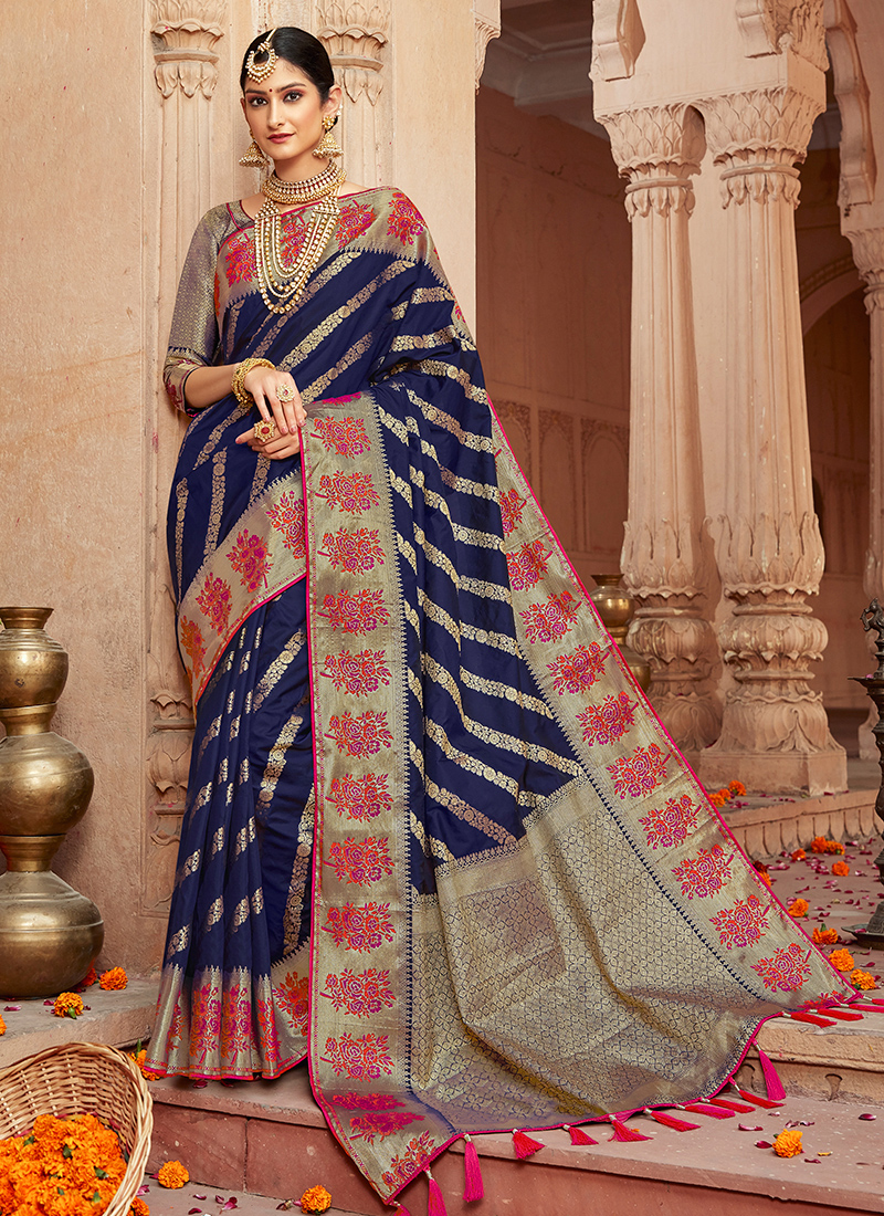 Navy Blue Faux Georgette Wedding Saree 75594