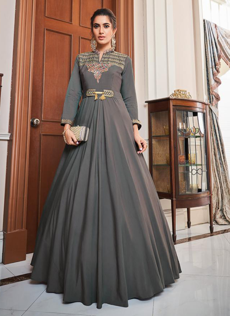 Buy Grey Tapeta Silk Party Wear Embroidery Work Gown Online ...