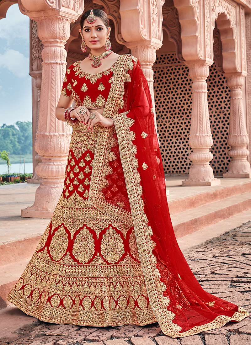 Royal Red Embroidered Designer Silk Bridal Lehenga Choli