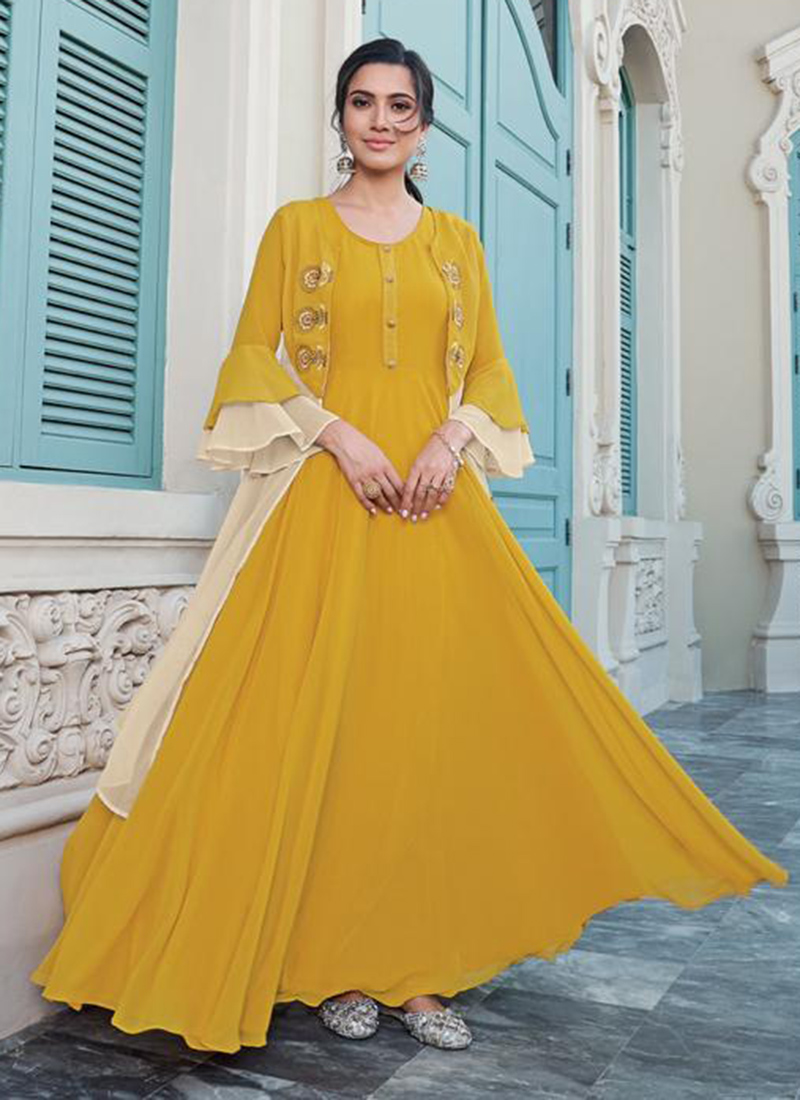 Buy Party Wear Yellow Georgette Embroidery Work Gown Online From Surat ...