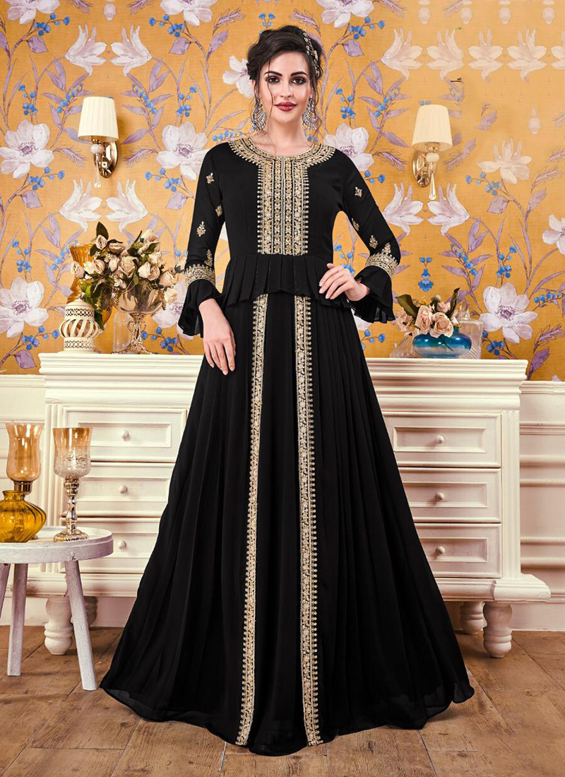 Black Foil Work Net Party Wear Long Gown | Net gowns, Party wear long gowns,  Designer gowns