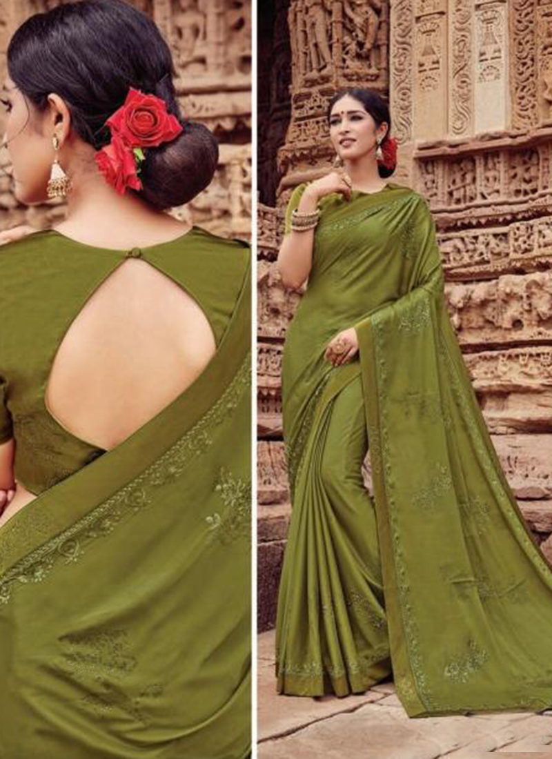Buy Casual Wear Embroidery Work Georgette Green Saree Online From Surat  Wholesale Shop.