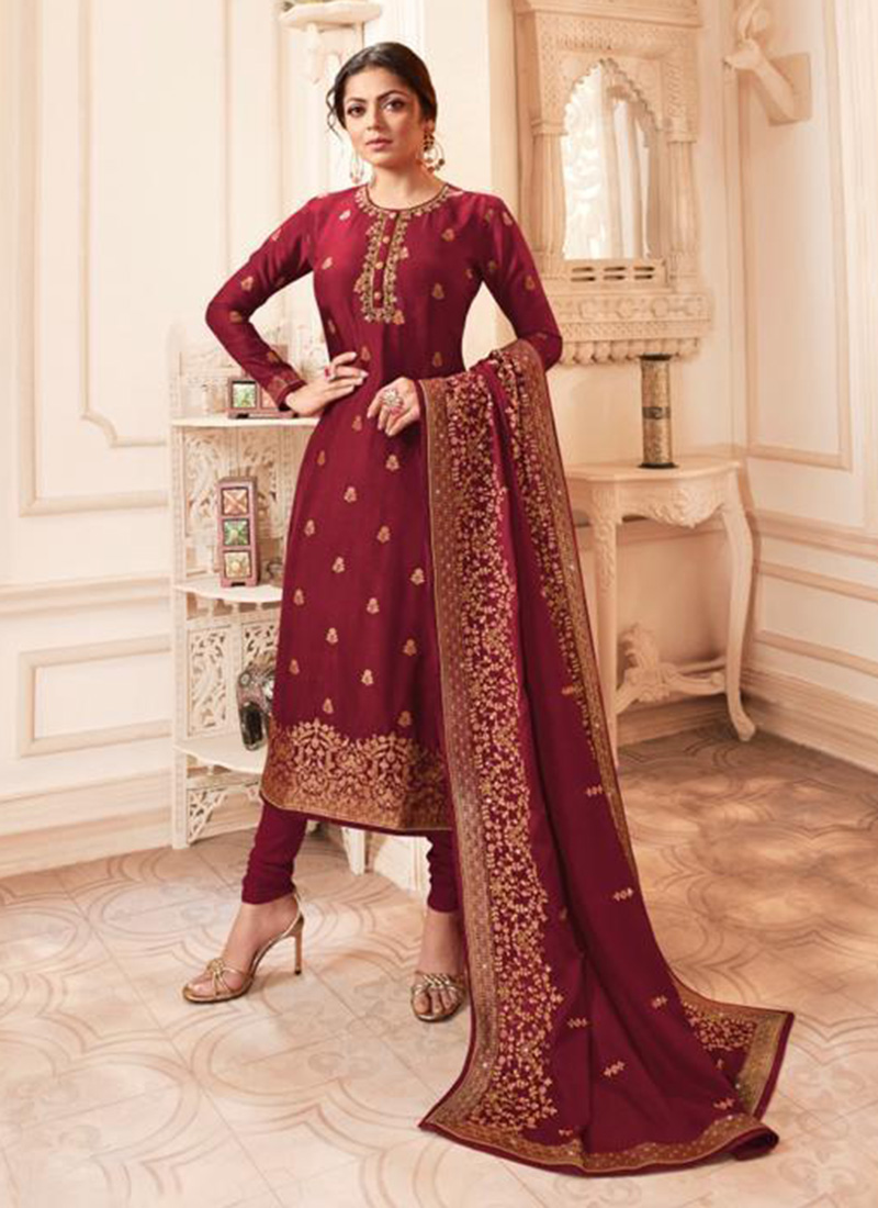 New Designer Hand Work Drashti Dhami Dola Silk Churidar Suits ...