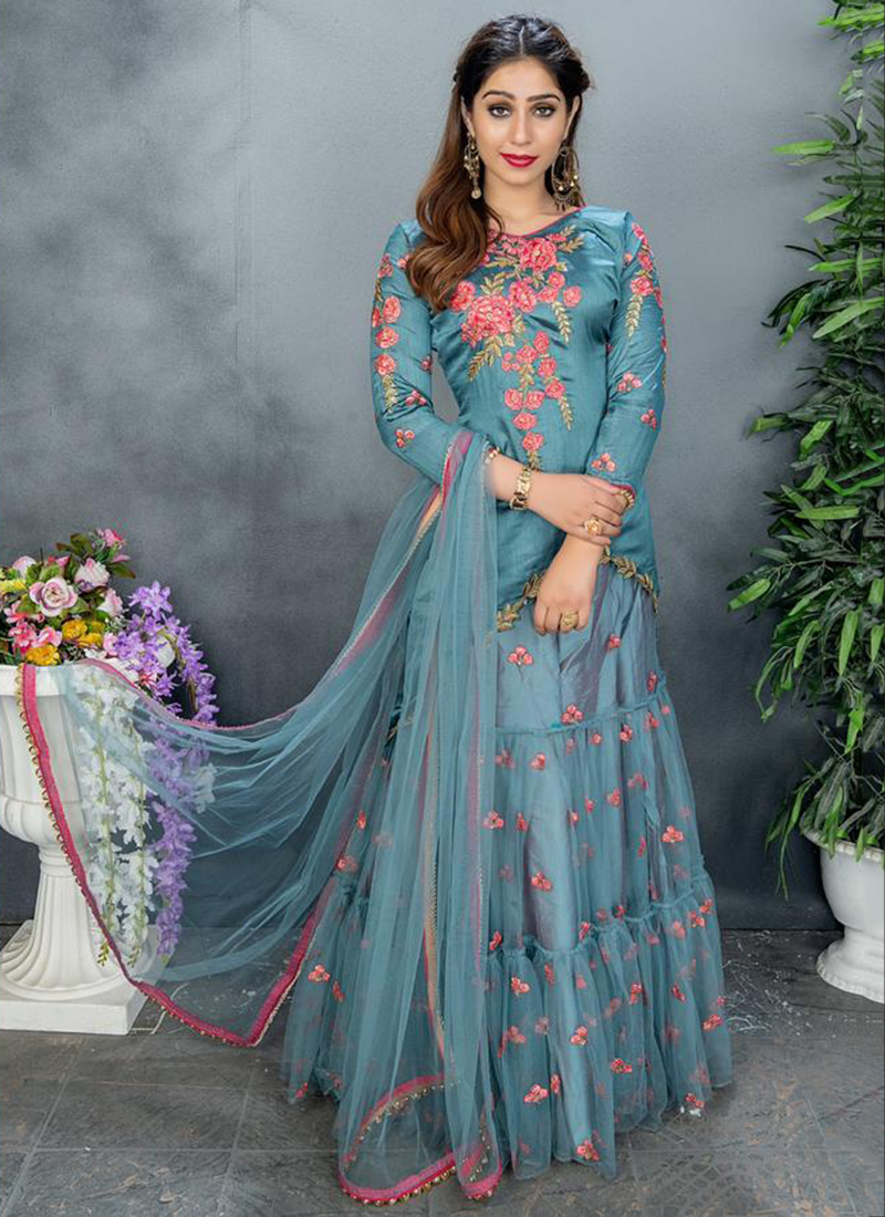Buy Party Wear Embroidery Work Chinnon Sky Blue Sharara Suit Online ...