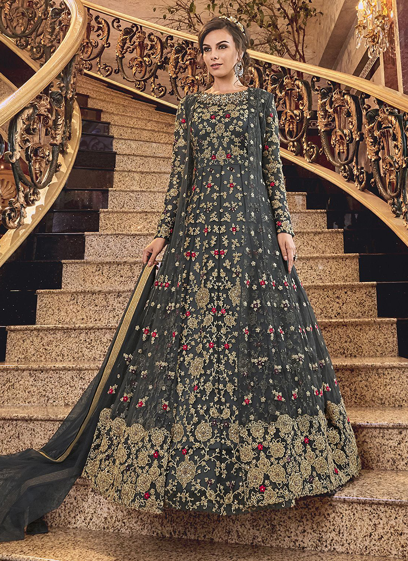 Black Dola Silk & Polyester Embroidered Anarkali Set Design by Sharad  Raghav at Pernia's Pop Up Shop 2023