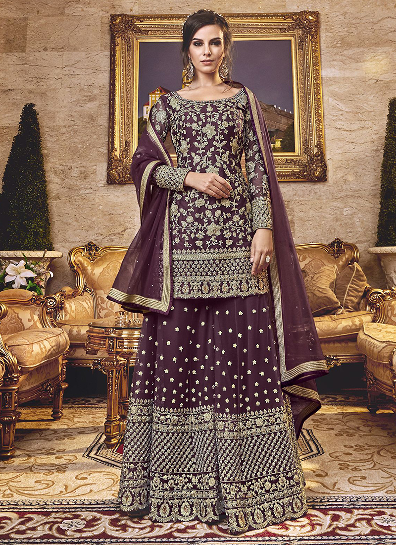 light mauve embroidered net sharara suit