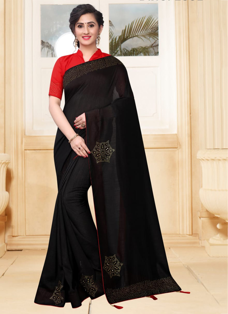 Black Georgette Saree In Stone Embellishment 5601SR07