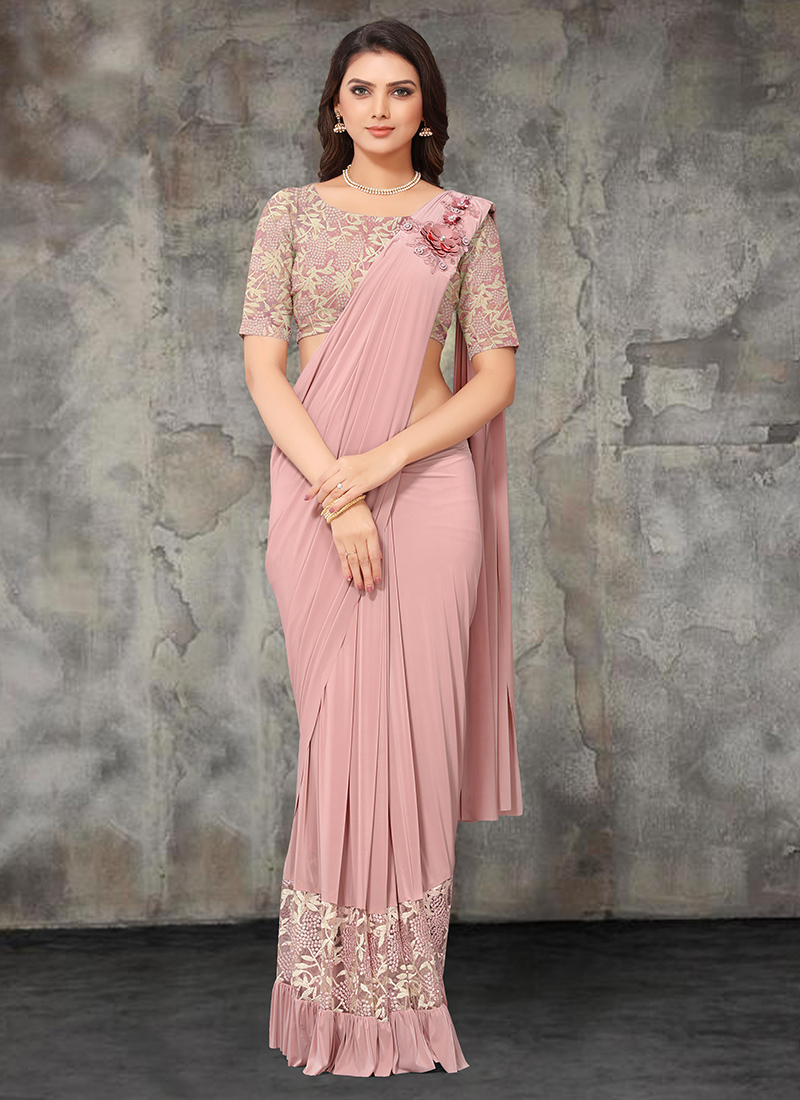Buy Party Wear Light Pink Resham Embroidery Work Lycra Ready ...