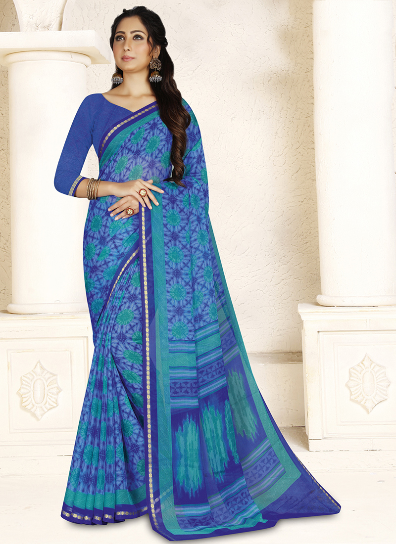 Foil Printed Chiffon Saree in Green : SXTA3836