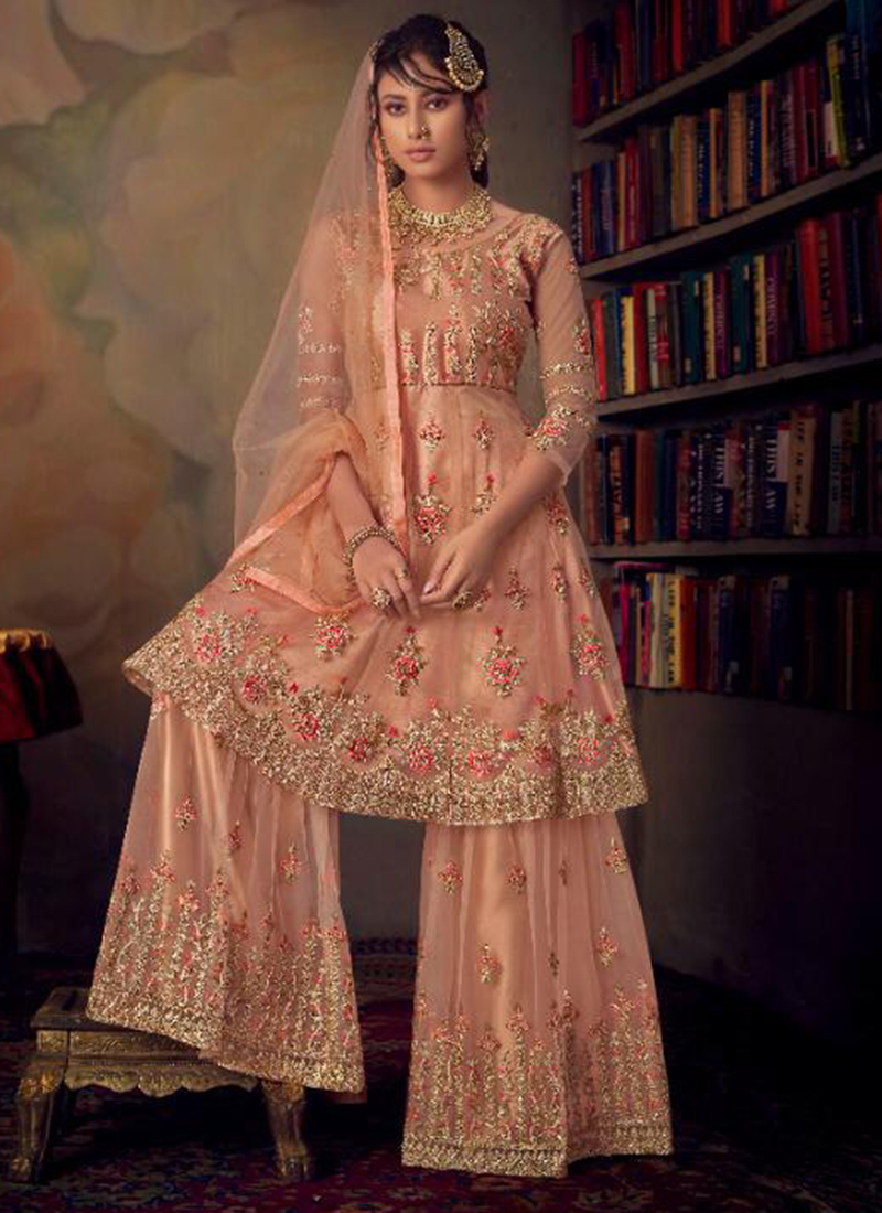 New Designer Karma 846 Series Heavy Embroidery And Stone Work Net Sharara Suits Collection Catalog