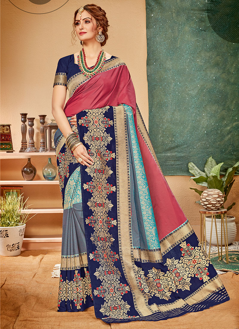 Buy Wedding Wear Pink And Blue Weaving Silk New Saree Online From Surat ...