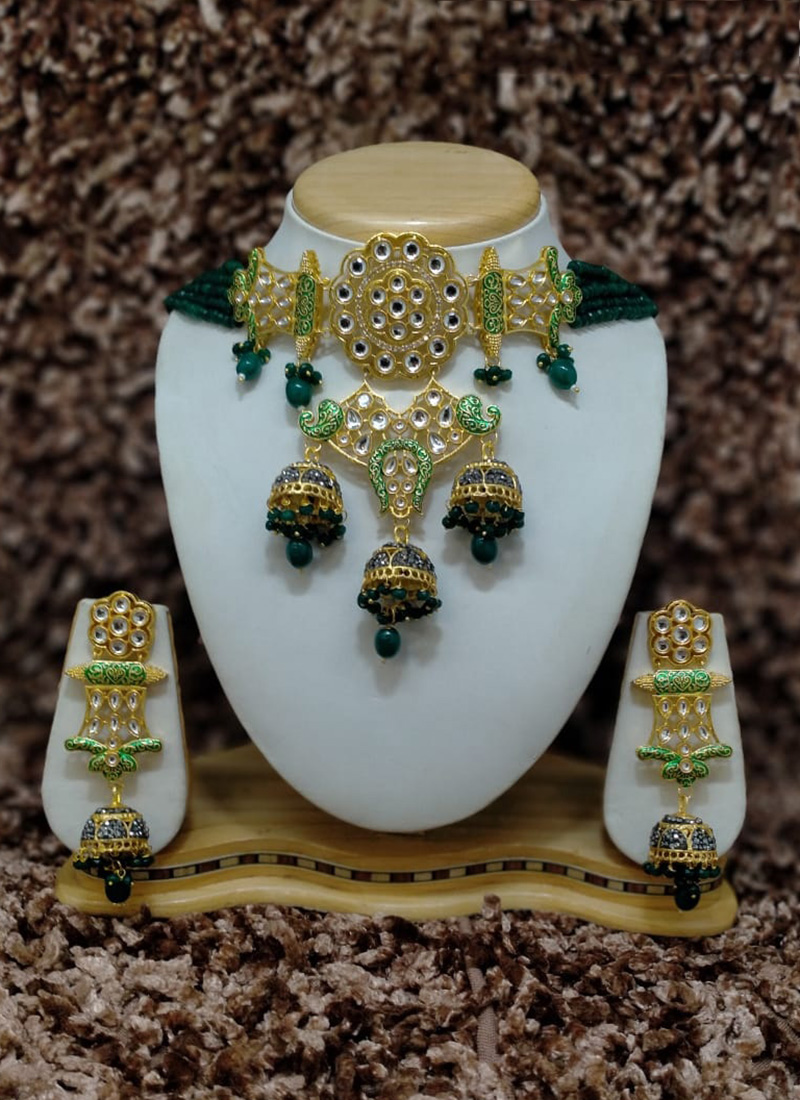Cotton Dori Necklace  Earrings Set Green  TrishaStorecom