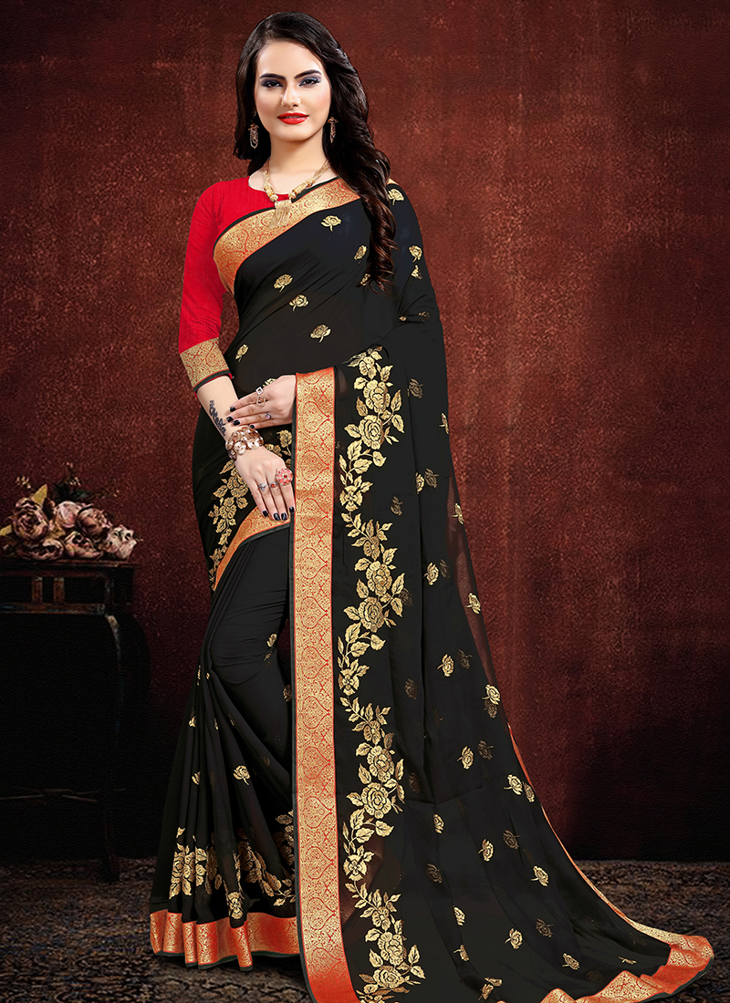 Salamander Orange Pure Georgette Zari Crushed Border Saree - Chiffon Chimes  | Shop Online at Ethnickart India's Best Ethnic Weares & Wares