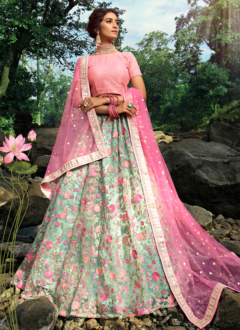 Stunning pista green and pink color combination benarasi lehenga and blouse  with net dupatta. 2022-04-