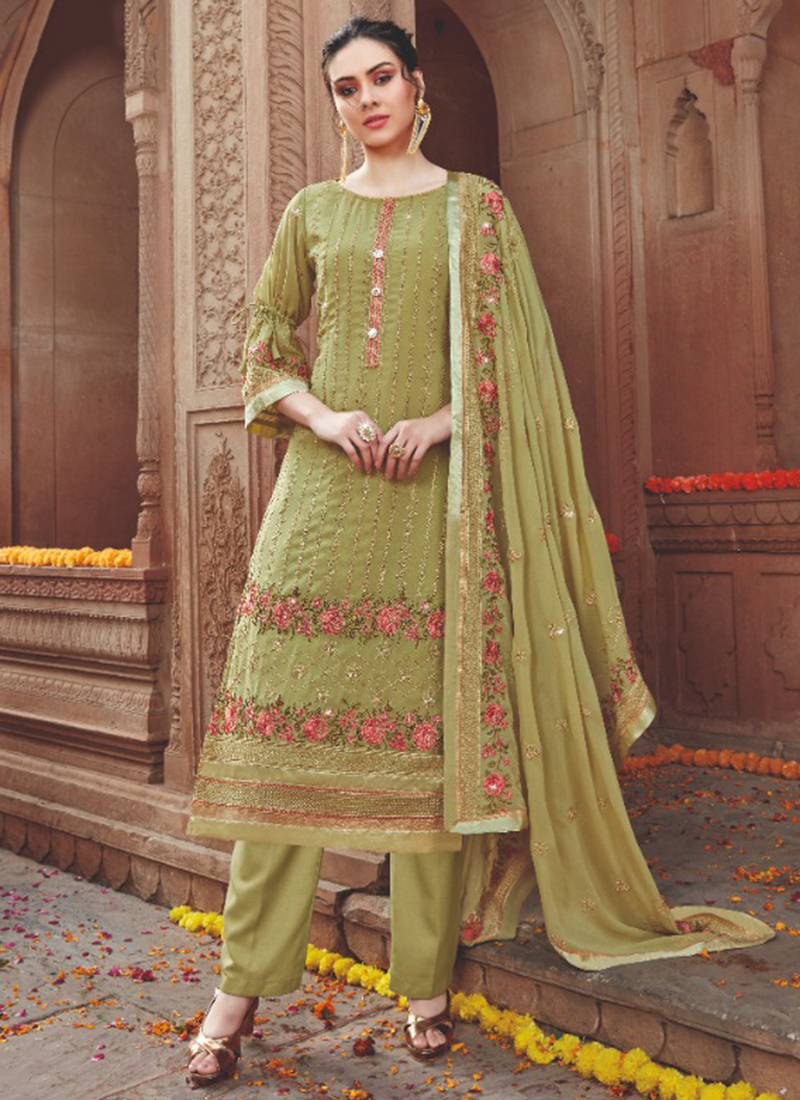 Traditional Wear Light Green Georgette Embroidery Work Salwar Suit MILAN 3006
