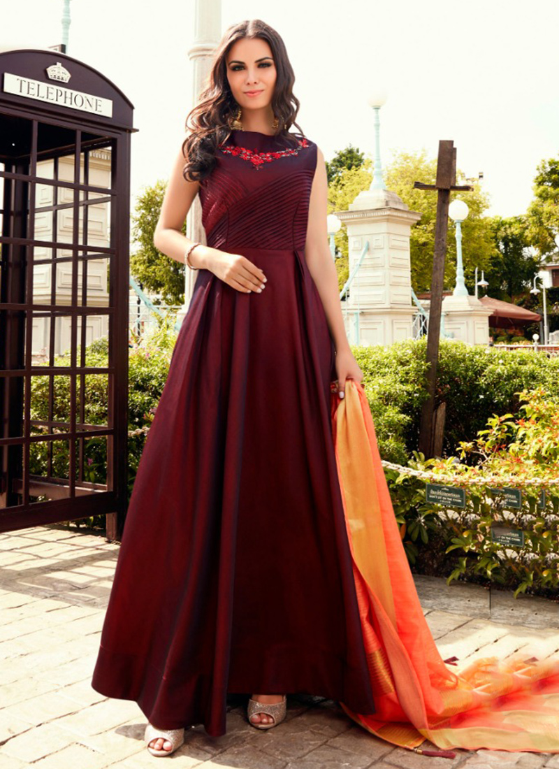 Maroon Color Chinon Party Wear Gown Ready to Wear Gown With 2 Dupatta in  USA UK Malaysia South Africa Dubai Singapore