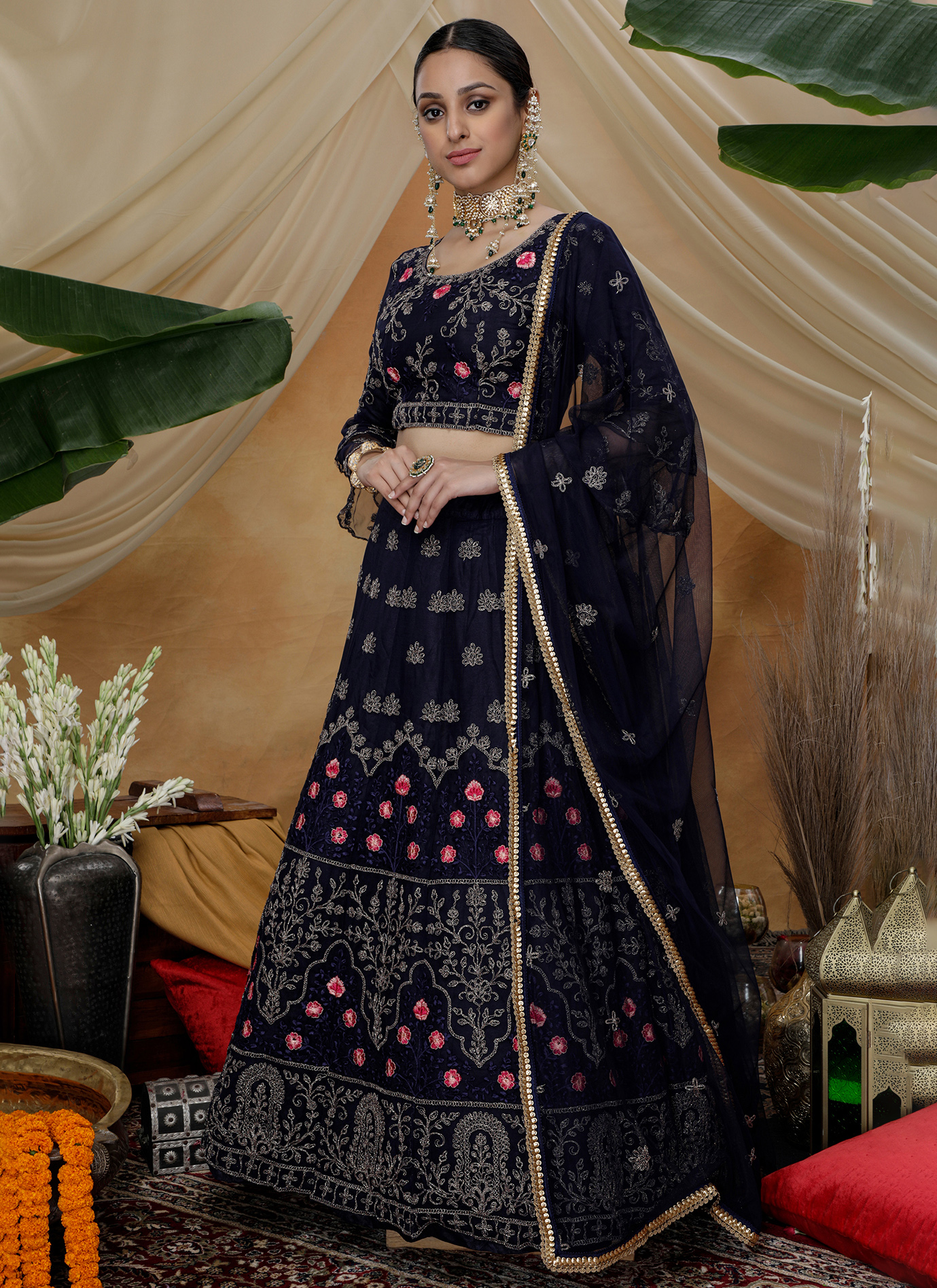 navy blue net lehenga choli