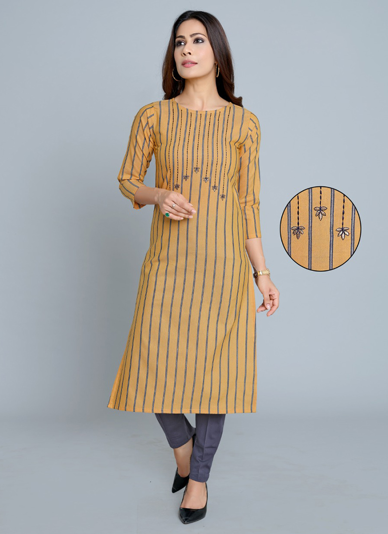 Office Wear Yellow Embroidery Work Cotton Kurti SHIMMER 3704 
