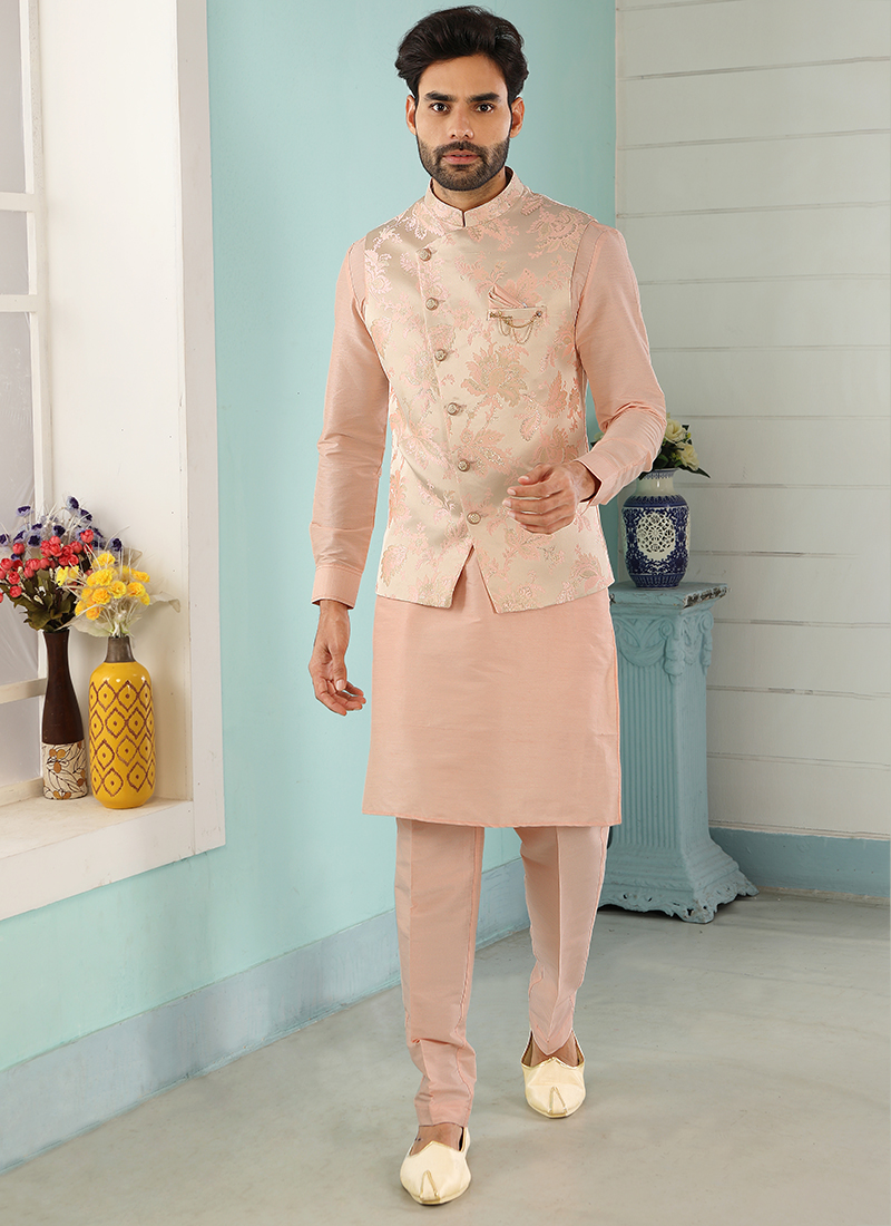 Men's Silk Blend Light grey Embroidered Kurta & Self Design Nehru jacket  With White Churidar Set