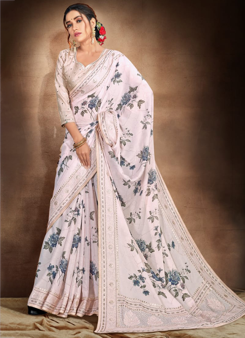 Buy Cream Saree Pure Satin Embroidered Resham Scallop With Blouse For Women  by Nitika Gujral Online at Aza Fashions.