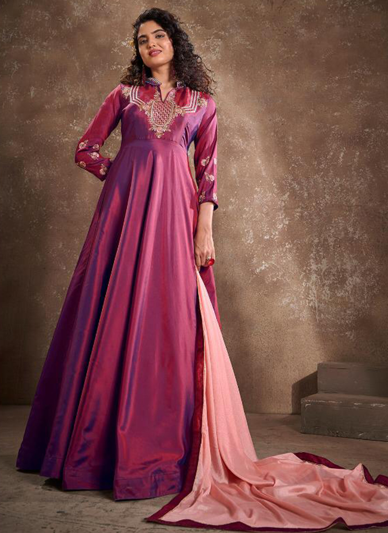 Buy Party Wear Purple Embroidery Work Silk Gown With Dupatta ...