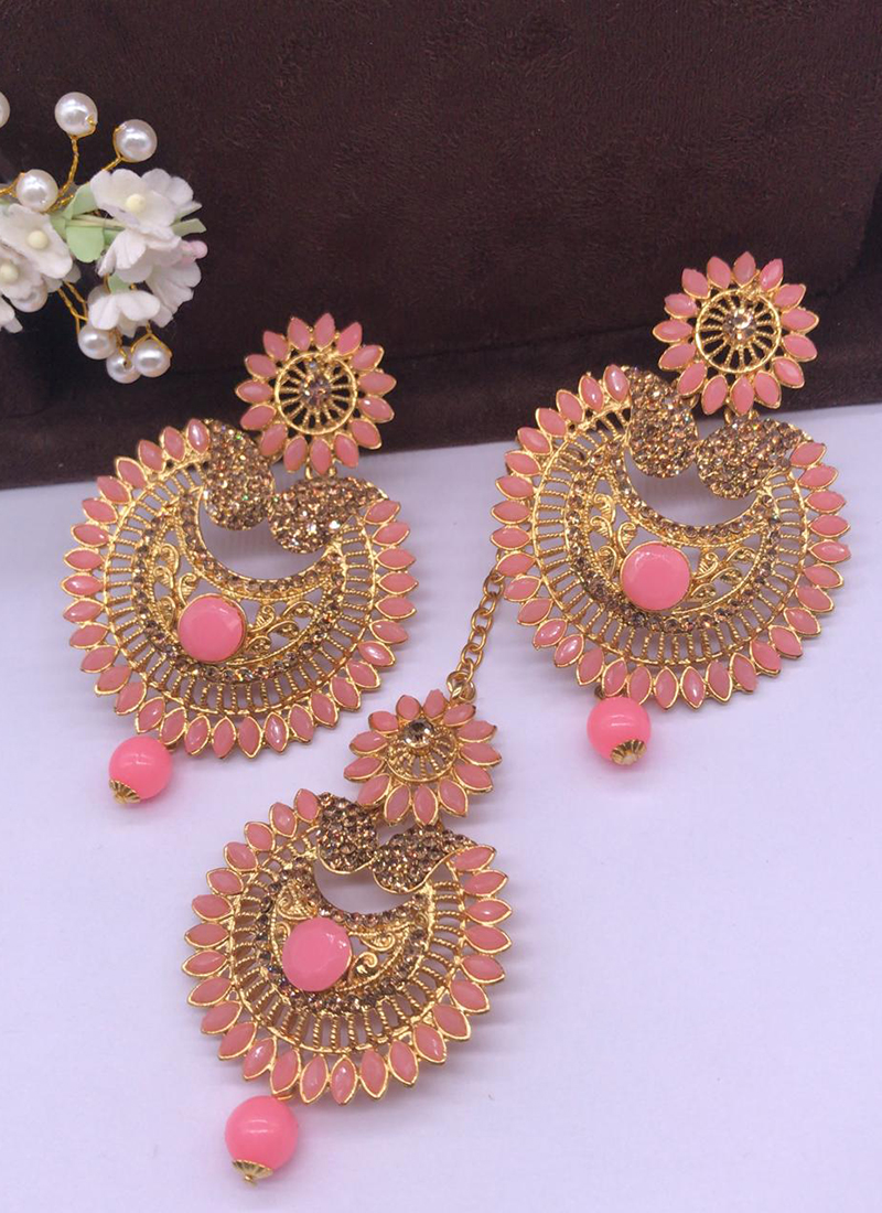 Traditional Kundan earrings embellished with Baby Pink Light Pink Colour  Beads
