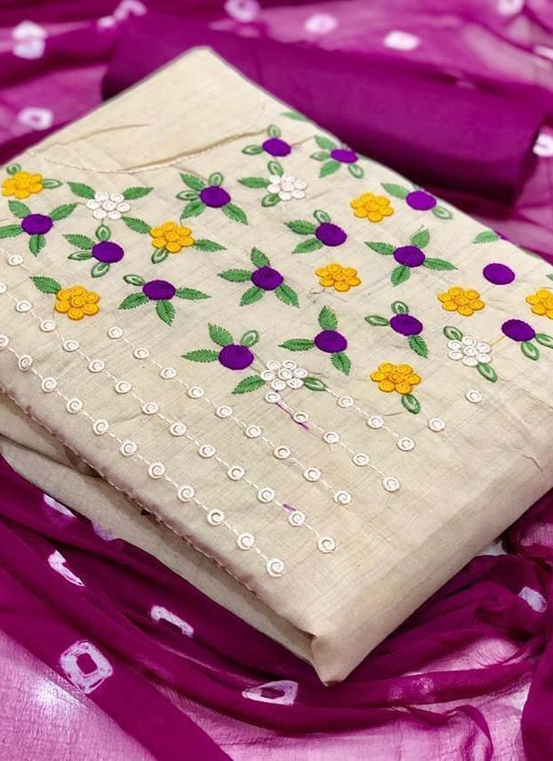 Beautiful Khadi Cotton Embroidery Work Dress Material With Dupatta