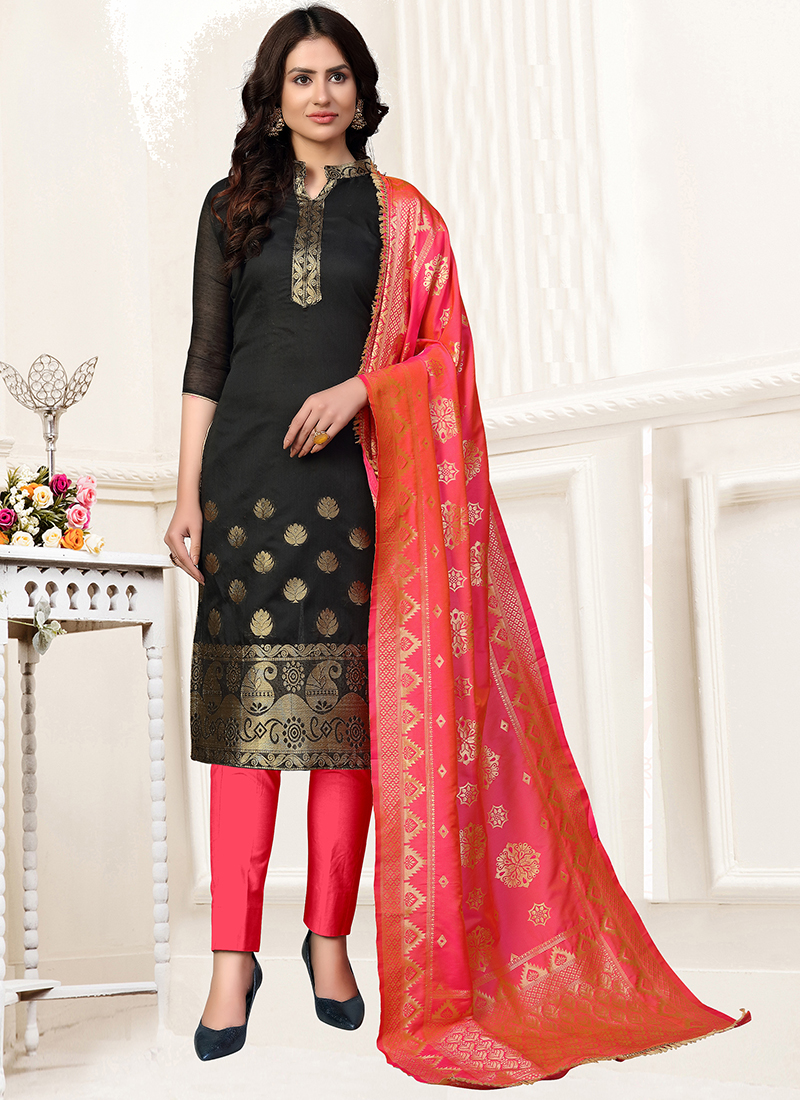 Buy Casual Wear Black Multi Work Glace Cotton Churidar Suit Online From  Surat Wholesale Shop.