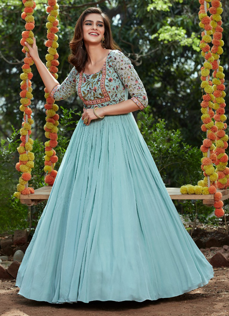 Sky Blue Colour Georgette Fabric Readymade Gown.