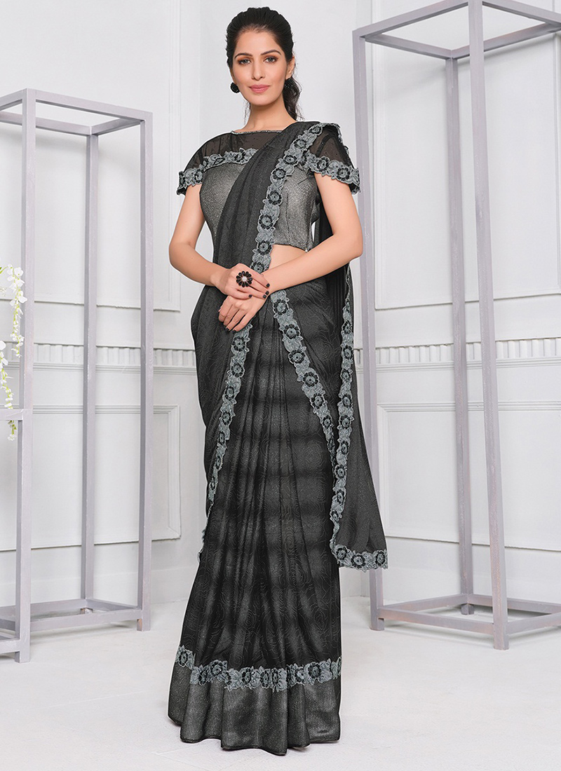 Ostentatious Black And Grey Georgette Saree -