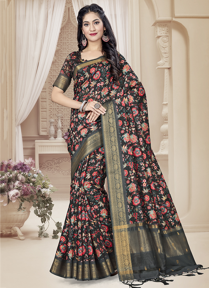 Black Zari Woven Saree With Tussar Silk Blouse 5026SR01