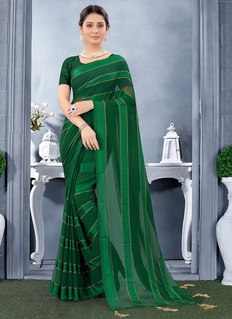 Weaving Work Dark Green Color Fabulous Art Silk Fabric Kasta Style Saree  With Contrast Blouse