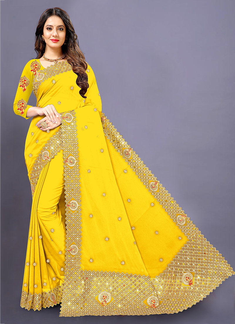 Buy Yellow Georgette Party Wear Mirror Work Saree Online From Wholesale  Salwar.