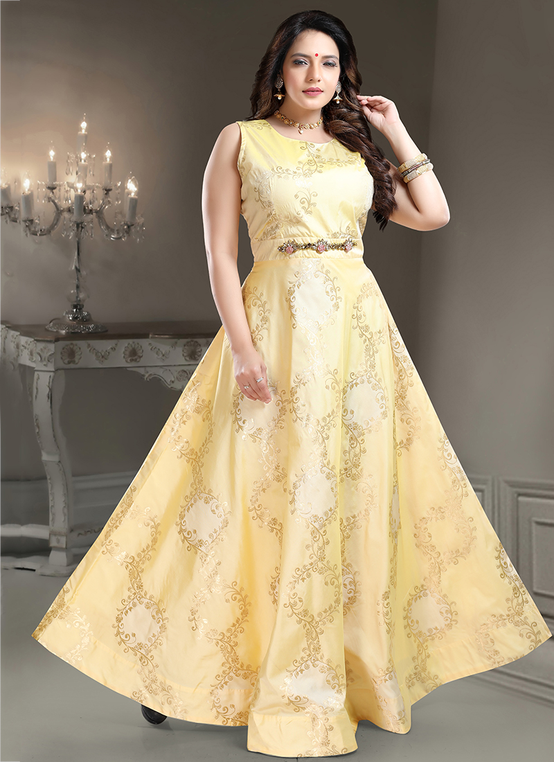 Buy Party Wear Lemon Broach Work Brocade Silk Gown Online ...
