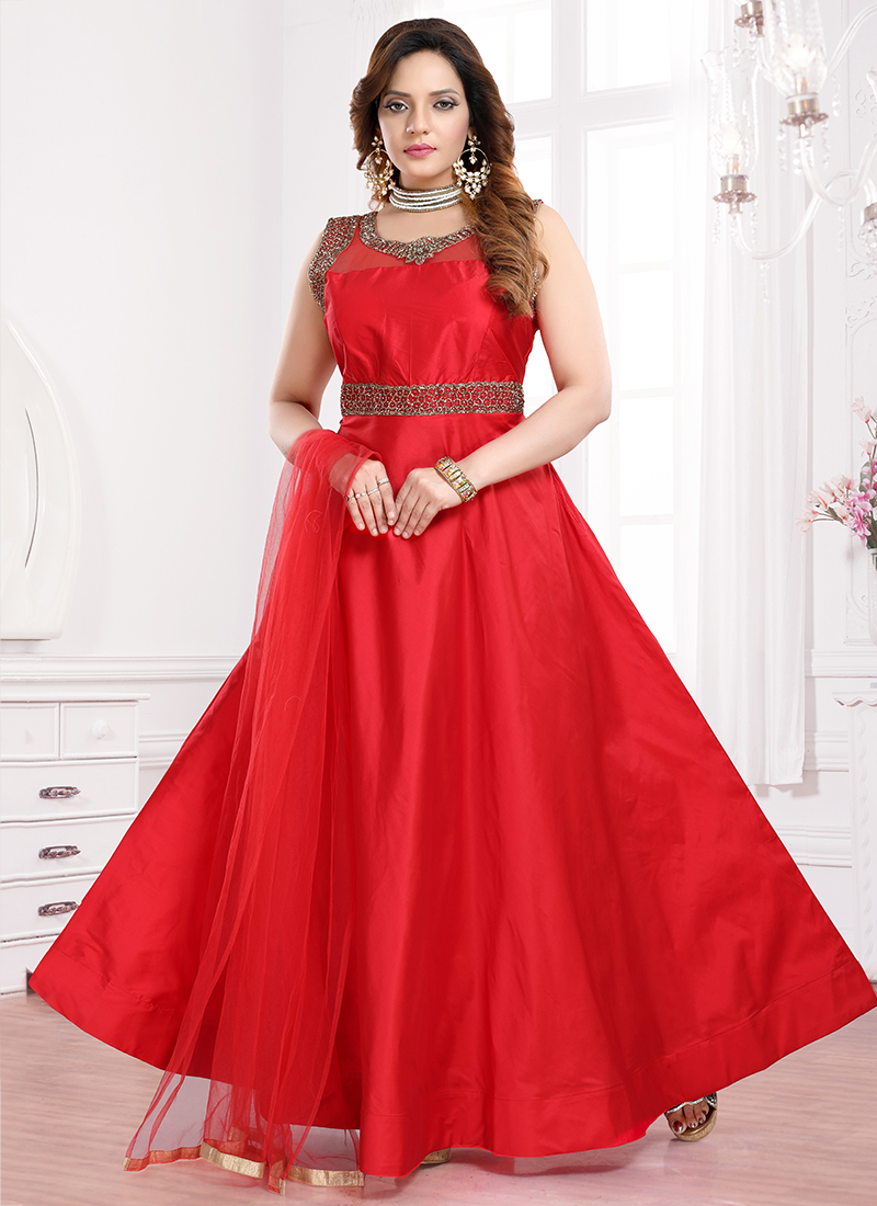 Buy Traditional Wear Red Hand Work Tafeta Silk Gown Online From ...