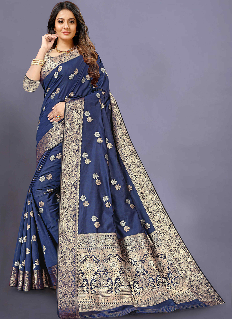 Wedding Wear Navy Blue Soft Silk Saree|SARV110722