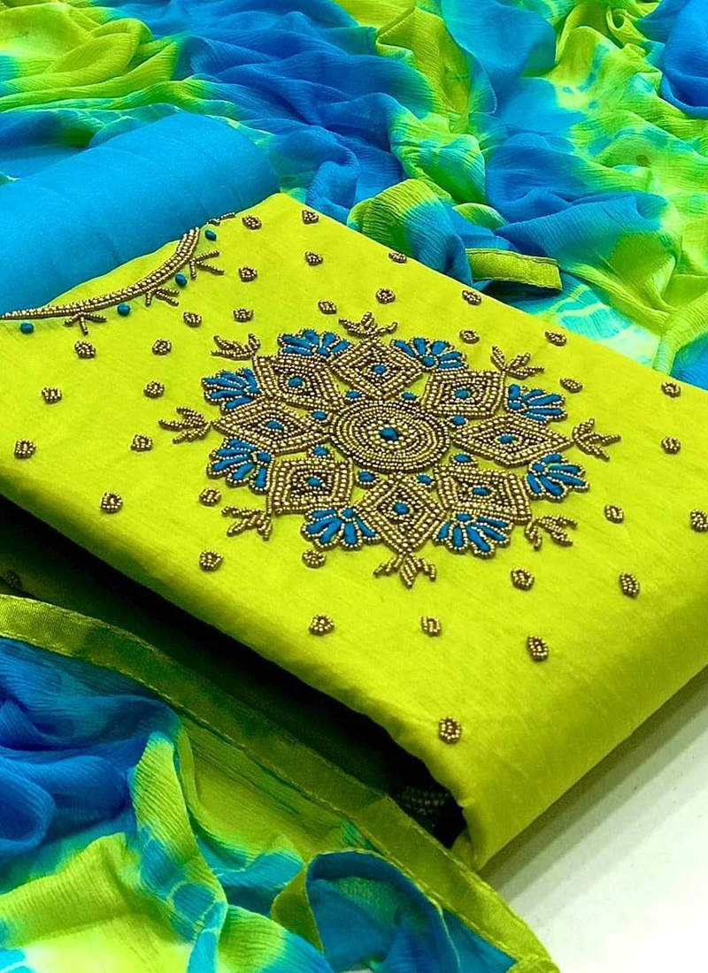 Buy Bombay Buta Hand Batik,Geometric Neck Design Green Colour Unstitched  Cotton Dress Material set. at Amazon.in