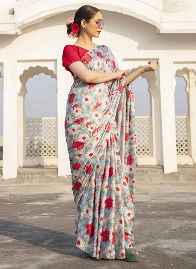 Buy Tradional Wear Orange Digital Printed Japan Satin Saree Online From  Surat Wholesale Shop.