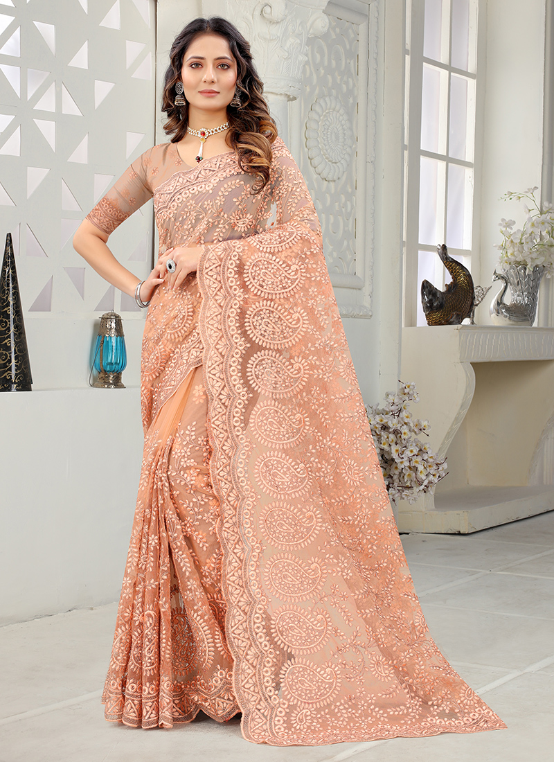 Buy Attractive Peach Zari Weaving Silk Reception Wear Saree From Ethnic Plus