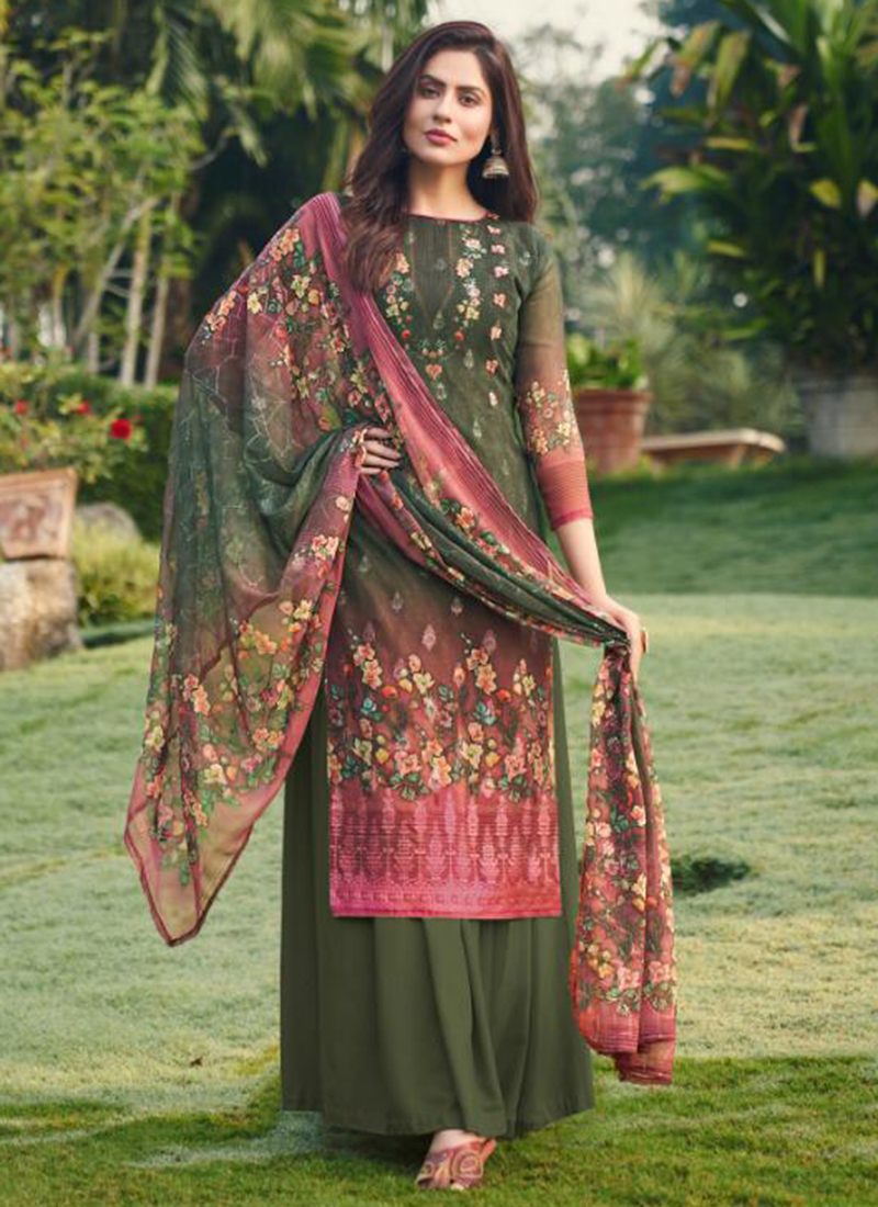 Digital Printed Muslin Silk Pakistani Suit in Brown : KCH7752
