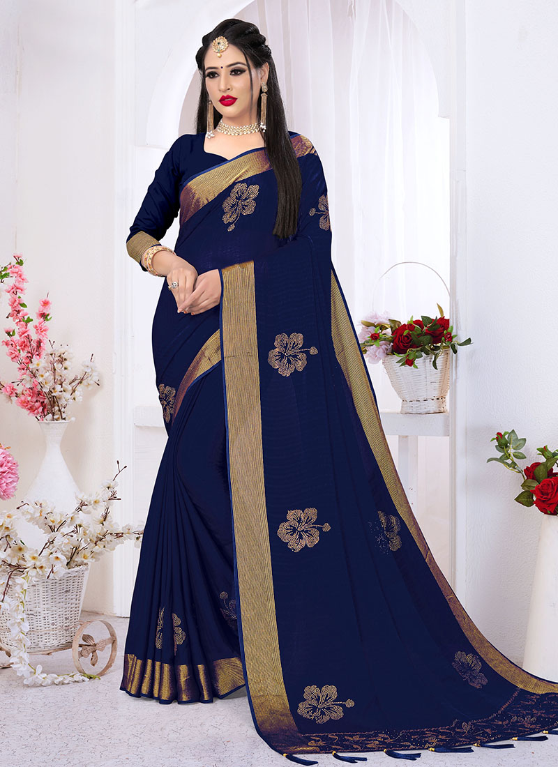 Navy Blue Silk Floral Printed Saree | Leemboodi