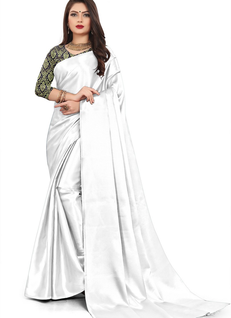 Buy White Mashru Silk Saree Online in USA with Feather Pallu and Blouse –  Pure Elegance