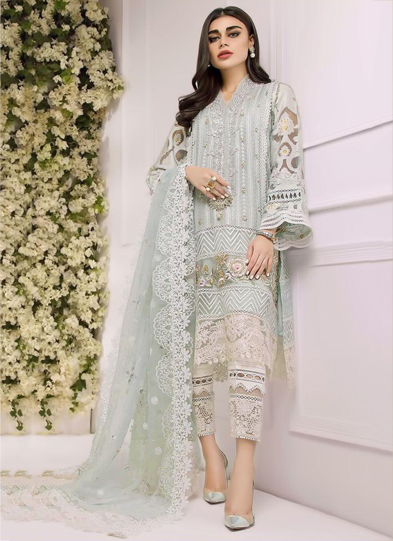 Buy Wedding Wear Sky Blue Net Embroidery Work Pakistani Suit ...